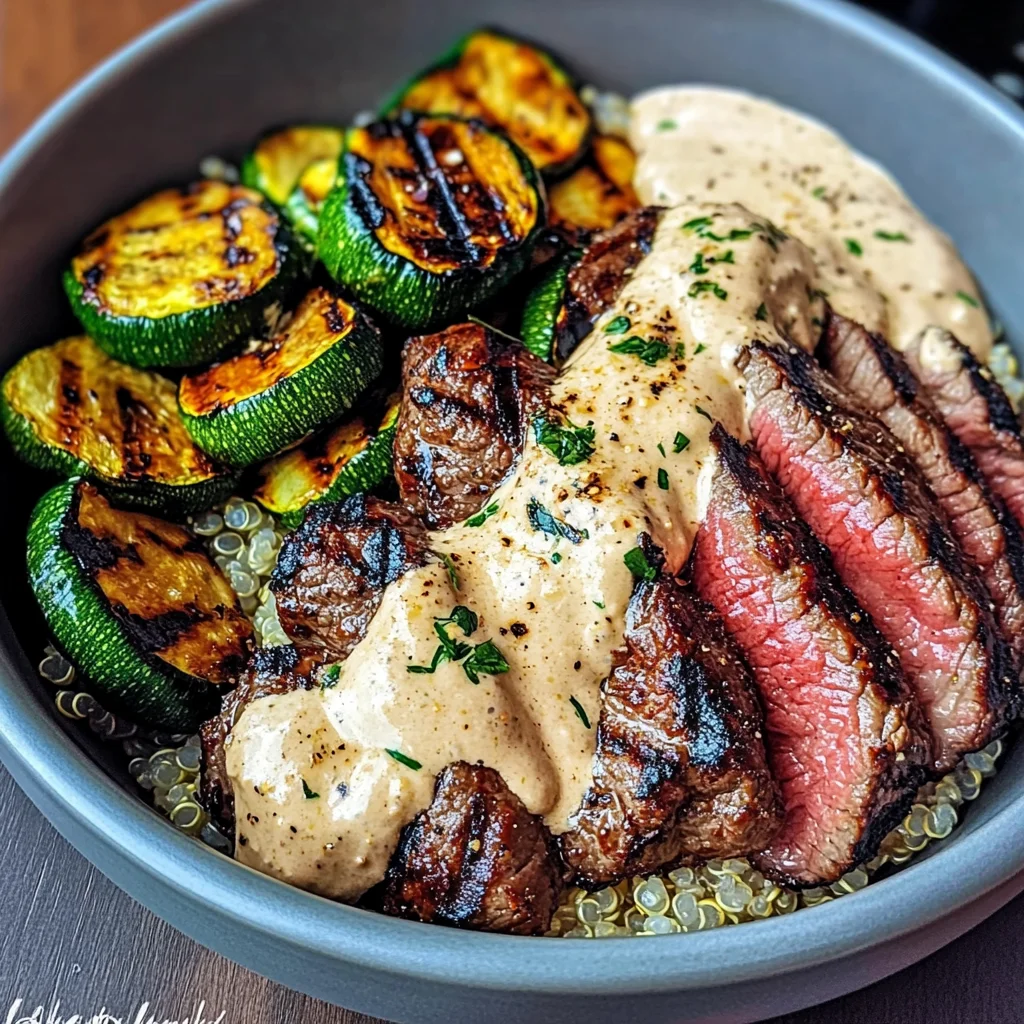 Grilled Steak Bowl with Creamy Sauce & Grilled Zucchini